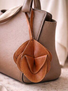 FARM RIO Leather Bag Charm Brown Floral Petal Keychain Purse Accessory